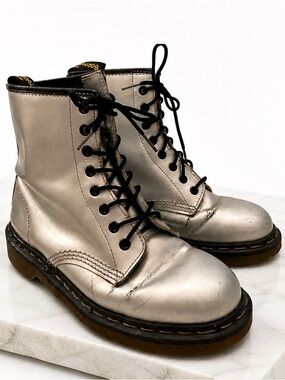 Dr. Martens Air Wair Silver Lace Up Combat Boots | Size 6.5